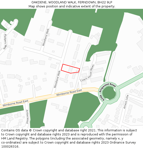 OAKDENE, WOODLAND WALK, FERNDOWN, BH22 9LP: Location map and indicative extent of plot