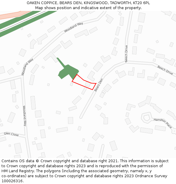 OAKEN COPPICE, BEARS DEN, KINGSWOOD, TADWORTH, KT20 6PL: Location map and indicative extent of plot