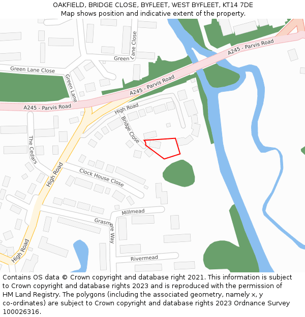 OAKFIELD, BRIDGE CLOSE, BYFLEET, WEST BYFLEET, KT14 7DE: Location map and indicative extent of plot