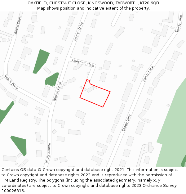 OAKFIELD, CHESTNUT CLOSE, KINGSWOOD, TADWORTH, KT20 6QB: Location map and indicative extent of plot