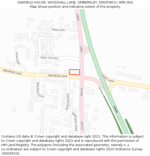 OAKFIELD HOUSE, WOODHALL LANE, OMBERSLEY, DROITWICH, WR9 0EQ: Location map and indicative extent of plot