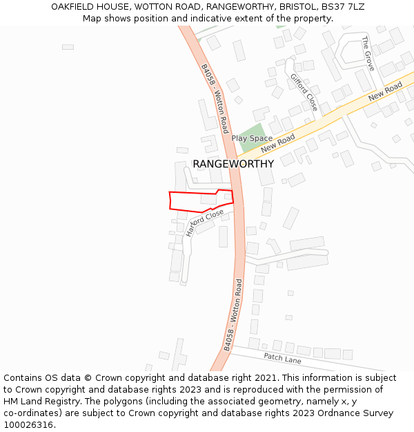 OAKFIELD HOUSE, WOTTON ROAD, RANGEWORTHY, BRISTOL, BS37 7LZ: Location map and indicative extent of plot