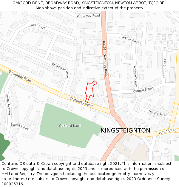 OAKFORD DENE, BROADWAY ROAD, KINGSTEIGNTON, NEWTON ABBOT, TQ12 3EH: Location map and indicative extent of plot