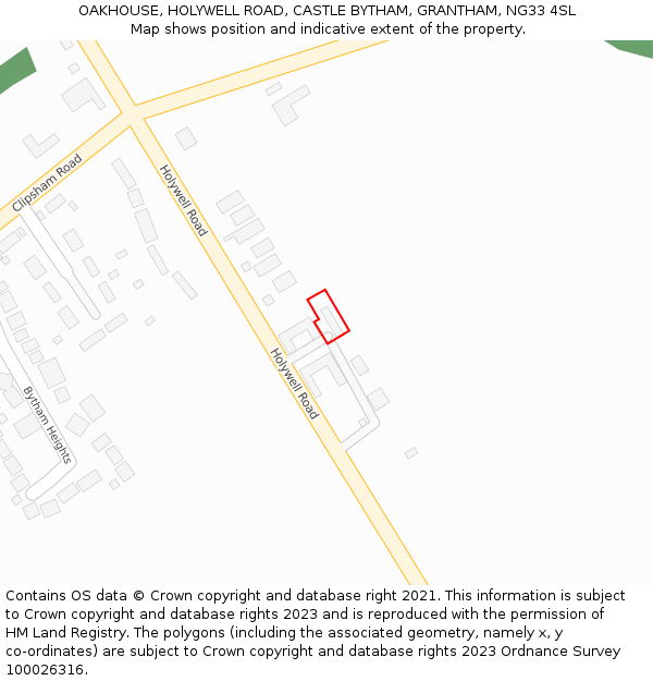 OAKHOUSE, HOLYWELL ROAD, CASTLE BYTHAM, GRANTHAM, NG33 4SL: Location map and indicative extent of plot