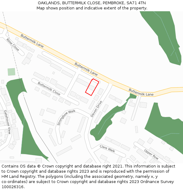 OAKLANDS, BUTTERMILK CLOSE, PEMBROKE, SA71 4TN: Location map and indicative extent of plot