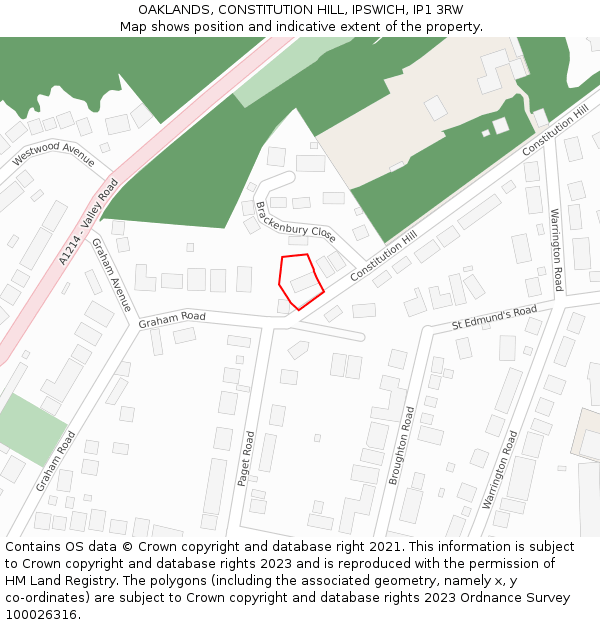 OAKLANDS, CONSTITUTION HILL, IPSWICH, IP1 3RW: Location map and indicative extent of plot