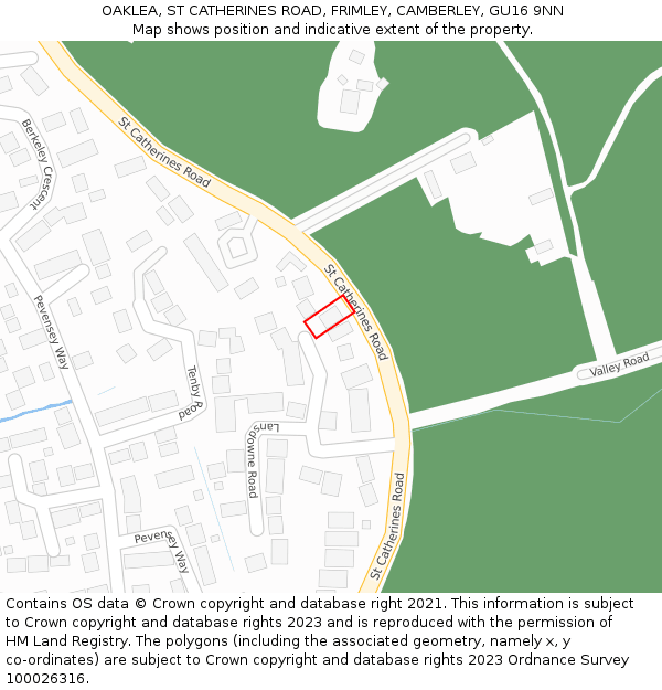 OAKLEA, ST CATHERINES ROAD, FRIMLEY, CAMBERLEY, GU16 9NN: Location map and indicative extent of plot