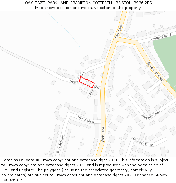 OAKLEAZE, PARK LANE, FRAMPTON COTTERELL, BRISTOL, BS36 2ES: Location map and indicative extent of plot