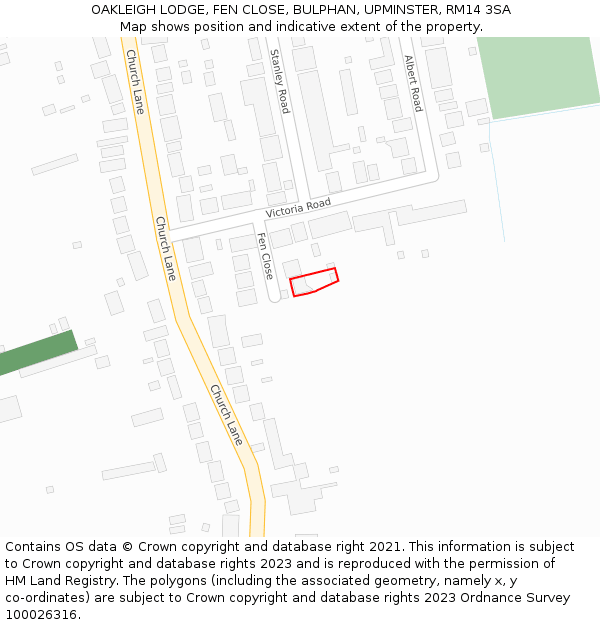 OAKLEIGH LODGE, FEN CLOSE, BULPHAN, UPMINSTER, RM14 3SA: Location map and indicative extent of plot