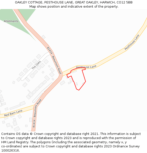 OAKLEY COTTAGE, PESTHOUSE LANE, GREAT OAKLEY, HARWICH, CO12 5BB: Location map and indicative extent of plot