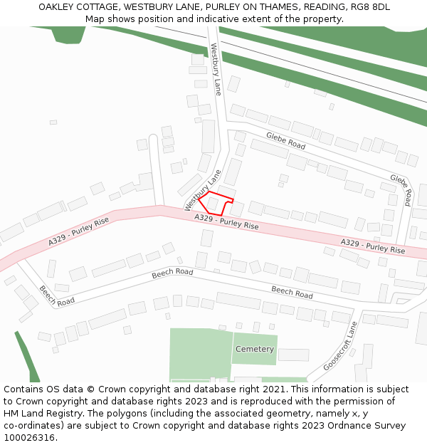 OAKLEY COTTAGE, WESTBURY LANE, PURLEY ON THAMES, READING, RG8 8DL: Location map and indicative extent of plot