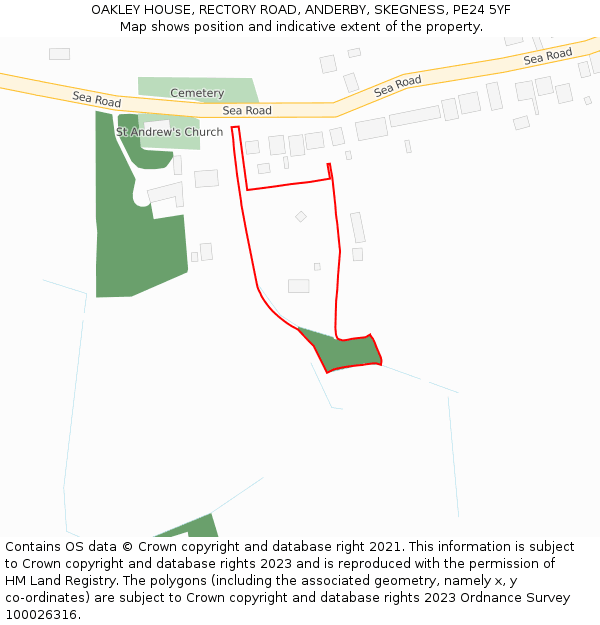 OAKLEY HOUSE, RECTORY ROAD, ANDERBY, SKEGNESS, PE24 5YF: Location map and indicative extent of plot