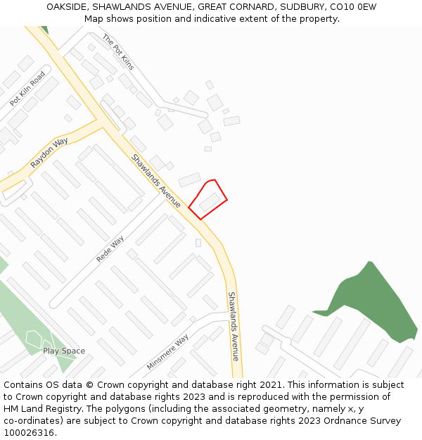 OAKSIDE, SHAWLANDS AVENUE, GREAT CORNARD, SUDBURY, CO10 0EW: Location map and indicative extent of plot