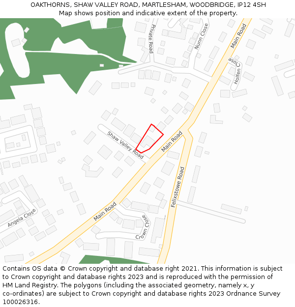 OAKTHORNS, SHAW VALLEY ROAD, MARTLESHAM, WOODBRIDGE, IP12 4SH: Location map and indicative extent of plot