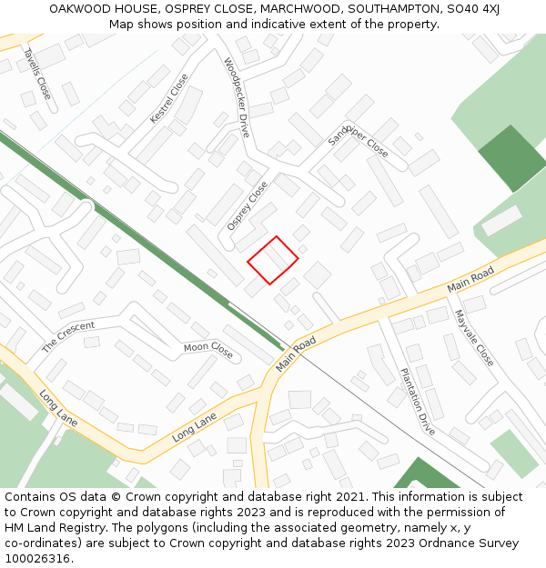 OAKWOOD HOUSE, OSPREY CLOSE, MARCHWOOD, SOUTHAMPTON, SO40 4XJ: Location map and indicative extent of plot