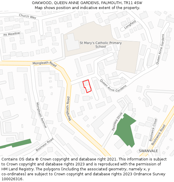 OAKWOOD, QUEEN ANNE GARDENS, FALMOUTH, TR11 4SW: Location map and indicative extent of plot