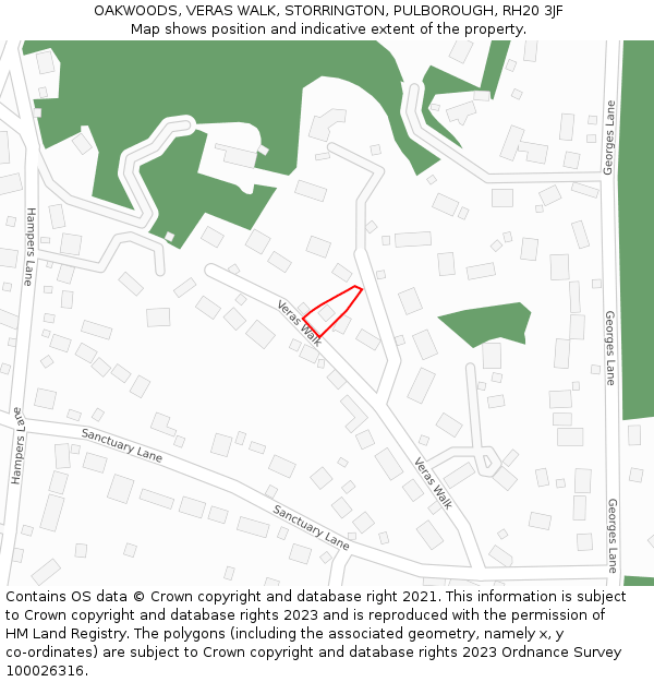 OAKWOODS, VERAS WALK, STORRINGTON, PULBOROUGH, RH20 3JF: Location map and indicative extent of plot