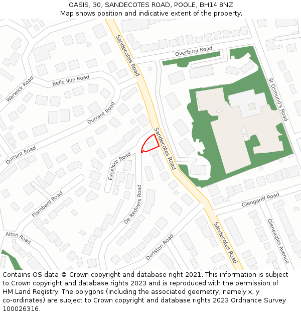 OASIS, 30, SANDECOTES ROAD, POOLE, BH14 8NZ: Location map and indicative extent of plot