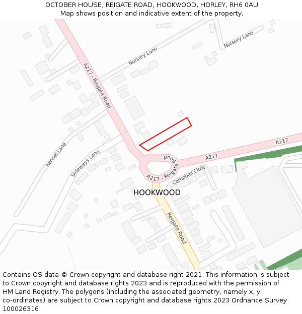 OCTOBER HOUSE, REIGATE ROAD, HOOKWOOD, HORLEY, RH6 0AU: Location map and indicative extent of plot