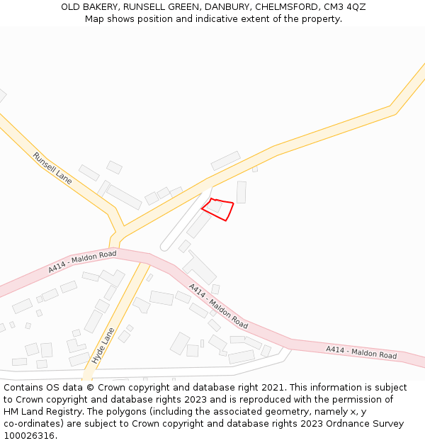 OLD BAKERY, RUNSELL GREEN, DANBURY, CHELMSFORD, CM3 4QZ: Location map and indicative extent of plot