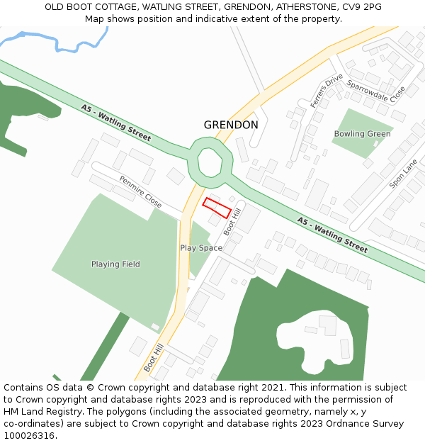 OLD BOOT COTTAGE, WATLING STREET, GRENDON, ATHERSTONE, CV9 2PG: Location map and indicative extent of plot