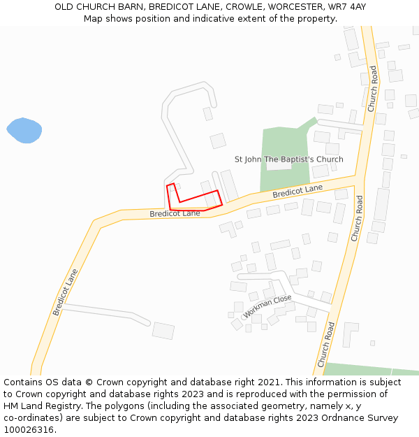 OLD CHURCH BARN, BREDICOT LANE, CROWLE, WORCESTER, WR7 4AY: Location map and indicative extent of plot