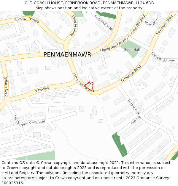 OLD COACH HOUSE, FERNBROOK ROAD, PENMAENMAWR, LL34 6DD: Location map and indicative extent of plot