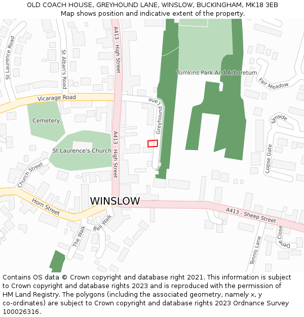 OLD COACH HOUSE, GREYHOUND LANE, WINSLOW, BUCKINGHAM, MK18 3EB: Location map and indicative extent of plot