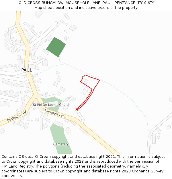 OLD CROSS BUNGALOW, MOUSEHOLE LANE, PAUL, PENZANCE, TR19 6TY: Location map and indicative extent of plot