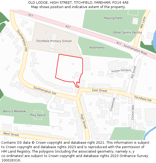 OLD LODGE, HIGH STREET, TITCHFIELD, FAREHAM, PO14 4AE: Location map and indicative extent of plot