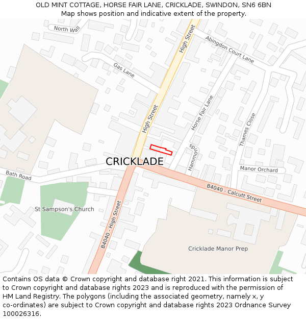 OLD MINT COTTAGE, HORSE FAIR LANE, CRICKLADE, SWINDON, SN6 6BN: Location map and indicative extent of plot