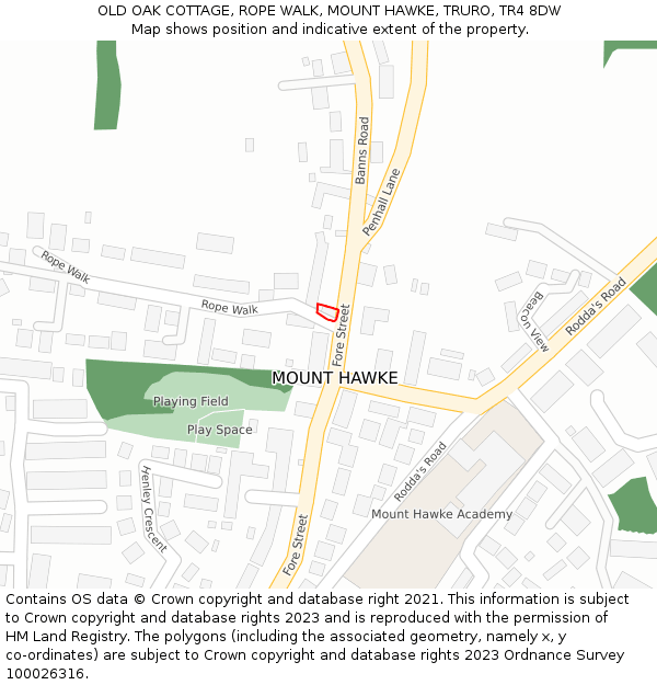 OLD OAK COTTAGE, ROPE WALK, MOUNT HAWKE, TRURO, TR4 8DW: Location map and indicative extent of plot