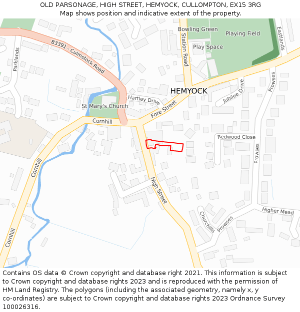 OLD PARSONAGE, HIGH STREET, HEMYOCK, CULLOMPTON, EX15 3RG: Location map and indicative extent of plot