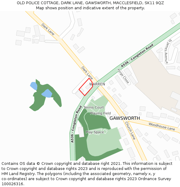 OLD POLICE COTTAGE, DARK LANE, GAWSWORTH, MACCLESFIELD, SK11 9QZ: Location map and indicative extent of plot