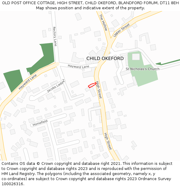 OLD POST OFFICE COTTAGE, HIGH STREET, CHILD OKEFORD, BLANDFORD FORUM, DT11 8EH: Location map and indicative extent of plot