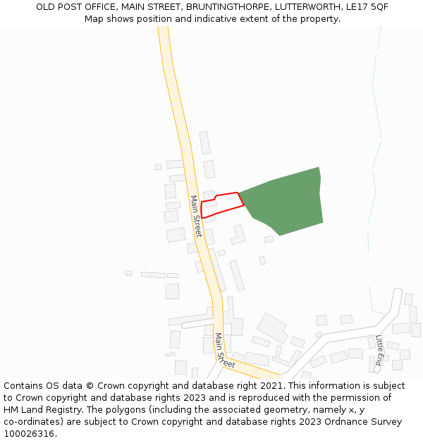 OLD POST OFFICE, MAIN STREET, BRUNTINGTHORPE, LUTTERWORTH, LE17 5QF: Location map and indicative extent of plot