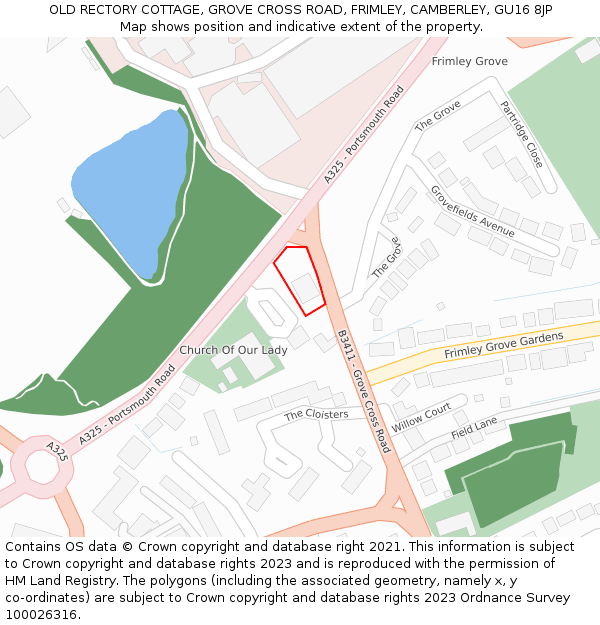 OLD RECTORY COTTAGE, GROVE CROSS ROAD, FRIMLEY, CAMBERLEY, GU16 8JP: Location map and indicative extent of plot