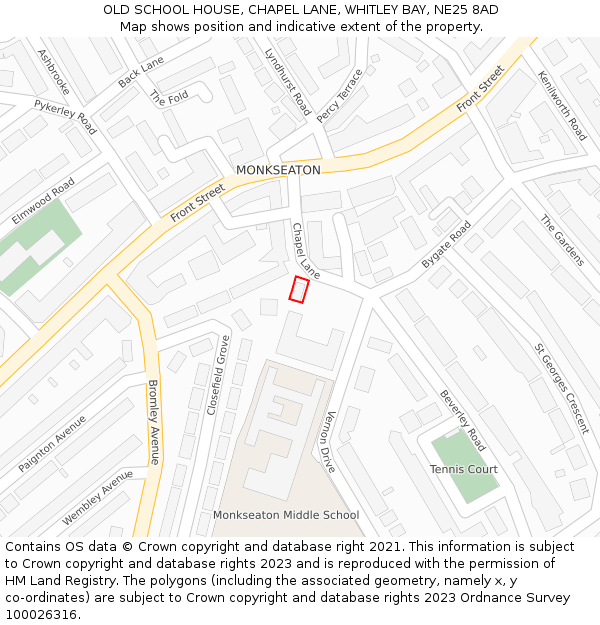 OLD SCHOOL HOUSE, CHAPEL LANE, WHITLEY BAY, NE25 8AD: Location map and indicative extent of plot