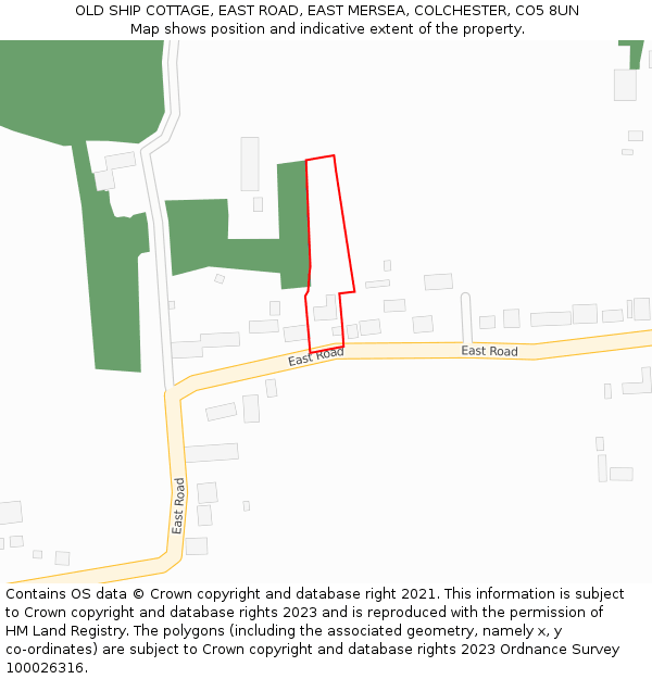 OLD SHIP COTTAGE, EAST ROAD, EAST MERSEA, COLCHESTER, CO5 8UN: Location map and indicative extent of plot