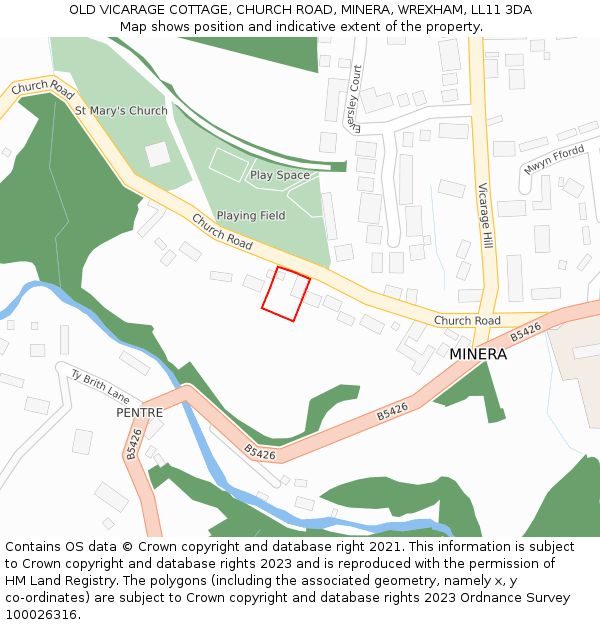 OLD VICARAGE COTTAGE, CHURCH ROAD, MINERA, WREXHAM, LL11 3DA: Location map and indicative extent of plot