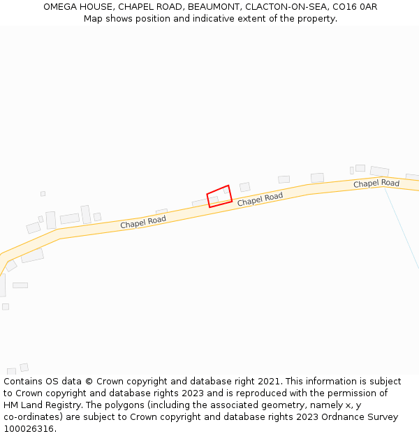 OMEGA HOUSE, CHAPEL ROAD, BEAUMONT, CLACTON-ON-SEA, CO16 0AR: Location map and indicative extent of plot