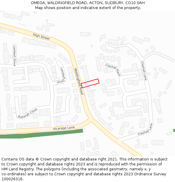 OMEGA, WALDINGFIELD ROAD, ACTON, SUDBURY, CO10 0AH: Location map and indicative extent of plot
