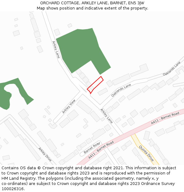 ORCHARD COTTAGE, ARKLEY LANE, BARNET, EN5 3JW: Location map and indicative extent of plot
