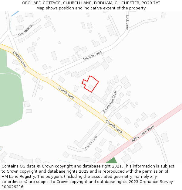 ORCHARD COTTAGE, CHURCH LANE, BIRDHAM, CHICHESTER, PO20 7AT: Location map and indicative extent of plot