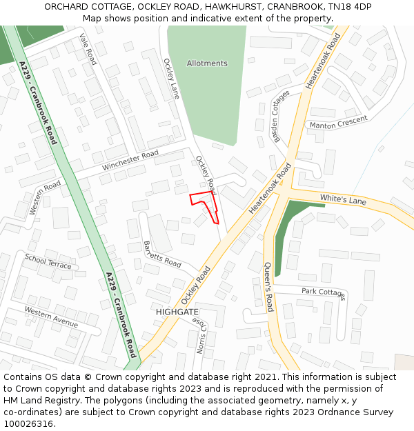 ORCHARD COTTAGE, OCKLEY ROAD, HAWKHURST, CRANBROOK, TN18 4DP: Location map and indicative extent of plot