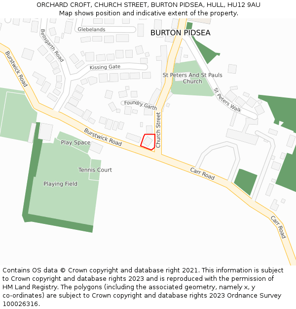 ORCHARD CROFT, CHURCH STREET, BURTON PIDSEA, HULL, HU12 9AU: Location map and indicative extent of plot