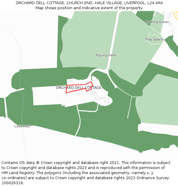 ORCHARD DELL COTTAGE, CHURCH END, HALE VILLAGE, LIVERPOOL, L24 4AX: Location map and indicative extent of plot