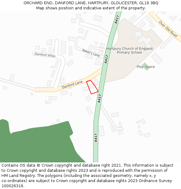 ORCHARD END, DANFORD LANE, HARTPURY, GLOUCESTER, GL19 3BQ: Location map and indicative extent of plot