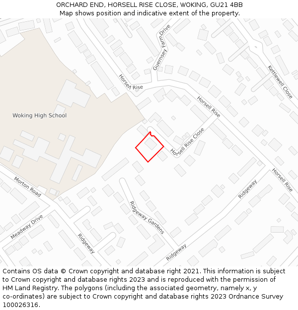ORCHARD END, HORSELL RISE CLOSE, WOKING, GU21 4BB: Location map and indicative extent of plot