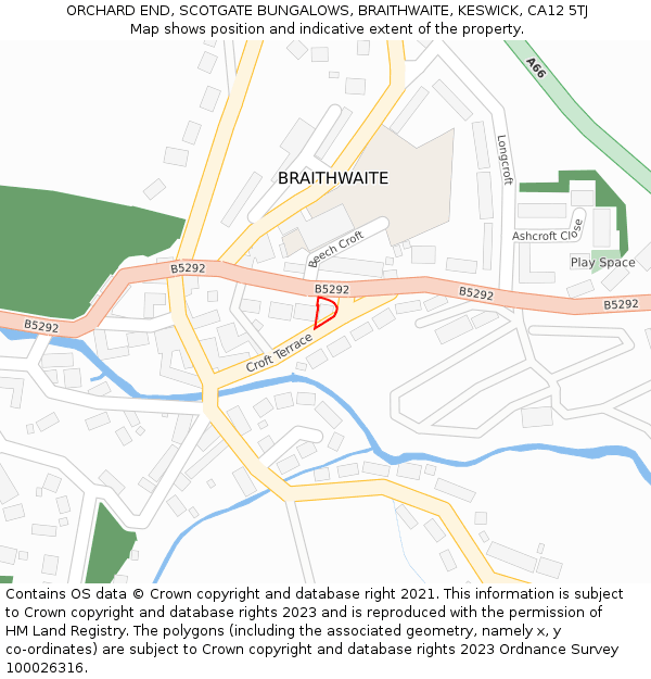 ORCHARD END, SCOTGATE BUNGALOWS, BRAITHWAITE, KESWICK, CA12 5TJ: Location map and indicative extent of plot